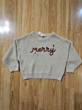 Merry Embroidered Knit Toddler Christmas Sweater - Cream